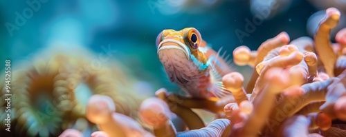 Colorful blenny fish peeking from coral, 4K hyperrealistic photo photo