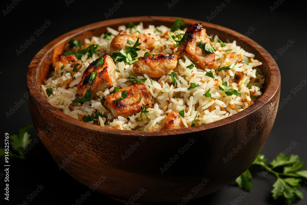 A bowl of grilled chicken served over rice and garnished with fresh green herbs, highlighting a perfectly balanced and deliciously prepared meal. A bowl of grilled chicken served over rice and garnished with fresh green herbs, highlighting a perfectly balanced and deliciously prepared meal.