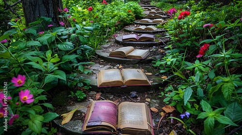 A serene garden filled with books, showcasing the artistic vision of Jimmy Kirk in a tranquil outdoor setting.