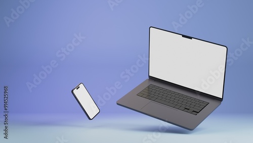 Laptop and smartphone isolated on purple and blue gradient background. 3D rendering of laptop with copy space. Side view of notebook and phone, blank white screen for your text
