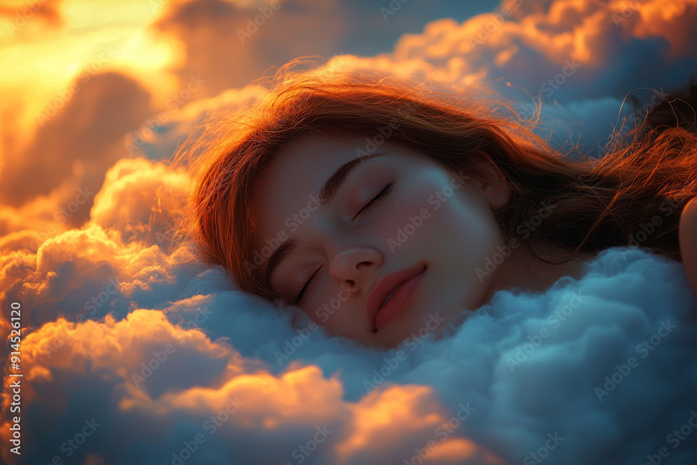 A Beautiful Woman Sleeping on a Cloud Above a Tranquil Landscape at Sunset. A Beautiful Woman Sleeping on a Cloud Above a Tranquil Landscape at Sunset.