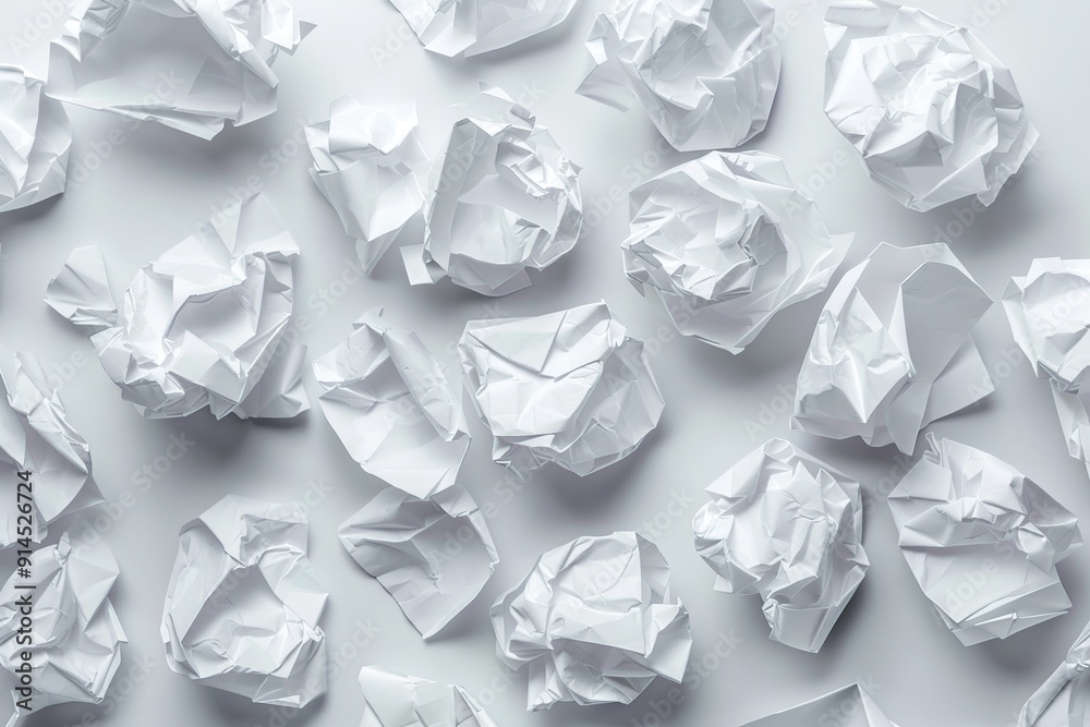 Crumpled white paper balls on white background