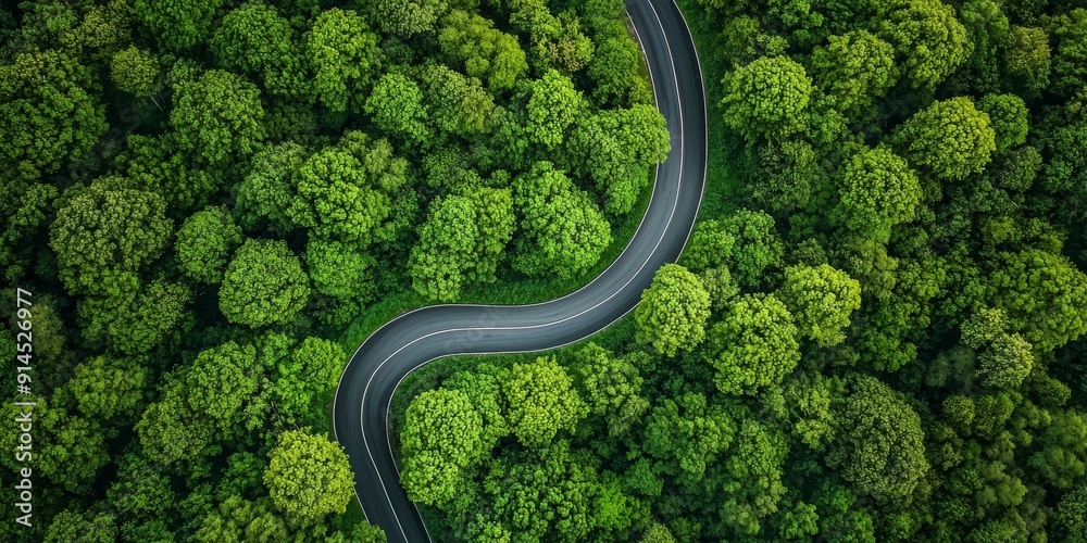 Fototapeta premium Scenic Aerial View of Winding Asphalt Road Through Lush Green Forest in Spring Generative AI