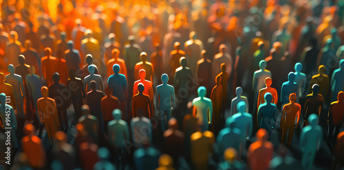 This artwork captures a large crowd of diverse and colorful figures illuminated in bright lighting, reflecting social diversity, unity, and the vibrancy of human connections.