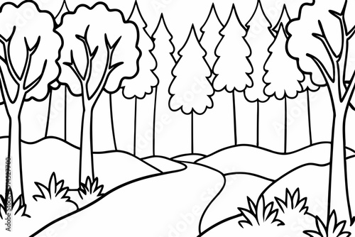 A serene forest clearing with a small stream line art vector illustration photo