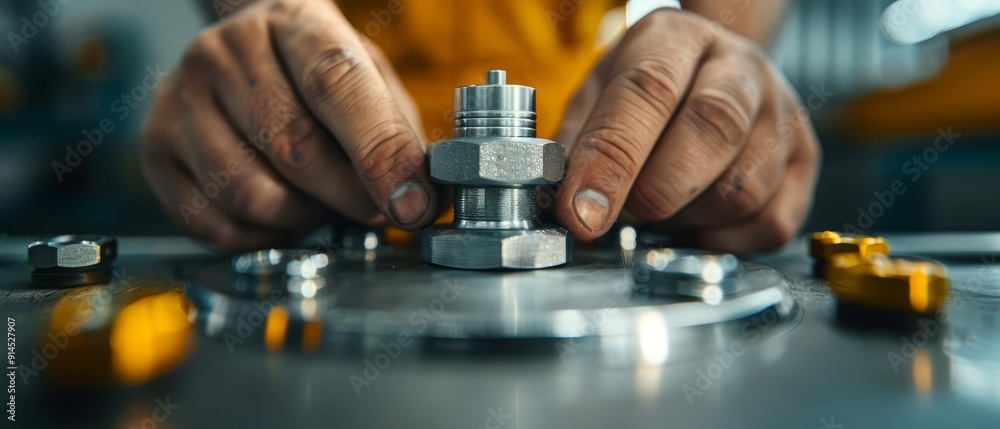Closeup of a person tightening a bolt on a machine Closeup of a person tightening a bolt on a machine
