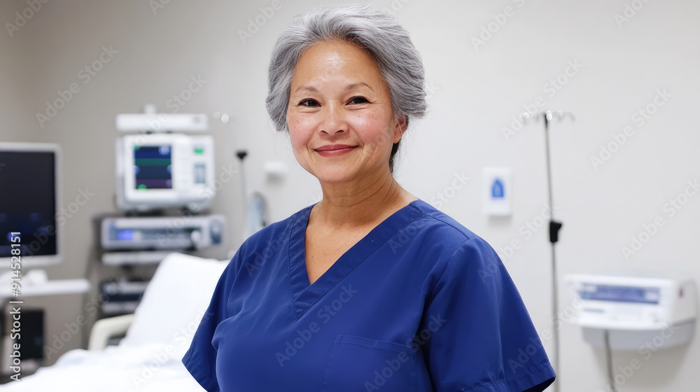 A smiling nurse with short gray hair, wearing blue scrubs, standing in a medical facility with various medical equipment in the background. A smiling nurse with short gray hair, wearing blue scrubs, standing in a medical facility with various medical equipment in the background.