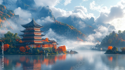 Serene Autumn Morning in Chinese Landscape with Traditional Temple and Misty Mountains Reflecting on Lake