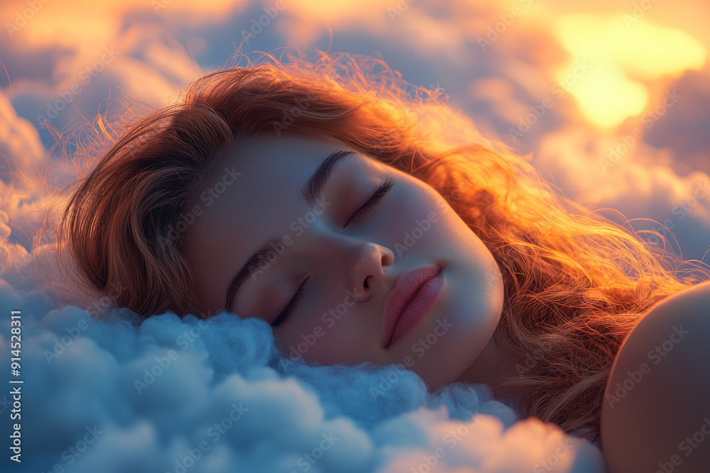 A Beautiful Woman Sleeping on a Cloud Above a Tranquil Landscape at Sunset. A Beautiful Woman Sleeping on a Cloud Above a Tranquil Landscape at Sunset.