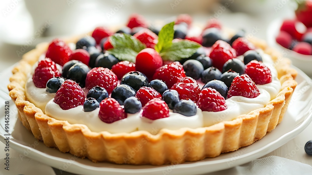 Luscious red berry adorned cake and tart, a delightful gourmet dessert on white plate Luscious red berry adorned cake and tart, a delightful gourmet dessert on white plate