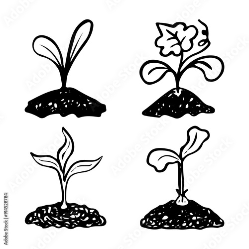 Set of plant seedlings hand drawn in doodle style. Hobby gardening. Planting sprouts of vegetables and flowers in the ground. Vector line art illustration.