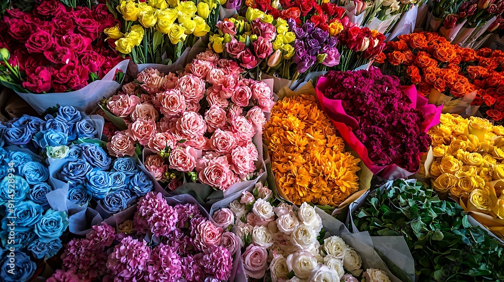 Fototapeta premium Vibrant yarn skeins mimic nature's palette, displayed like a floral bouquet at a bustling market