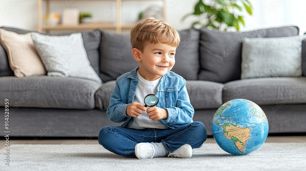 A curious young boy investigates a globe with a magnifying glass while seated in a cozy living room environment A curious young boy investigates a globe with a magnifying glass while seated in a cozy living room environment