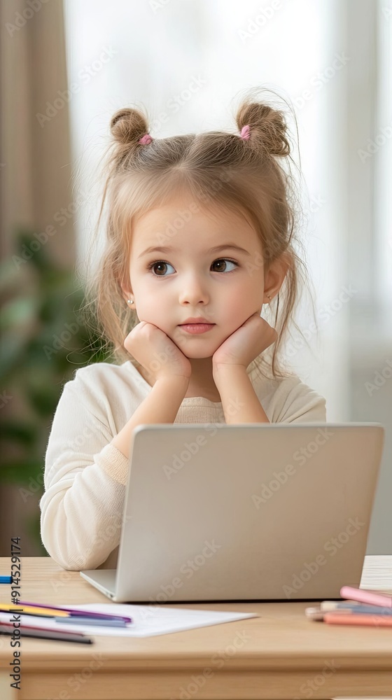 A young girl studies using a laptop, writing in her notebook, surrounded by vibrant markers, fully focused on her online class A young girl studies using a laptop, writing in her notebook, surrounded by vibrant markers, fully focused on her online class