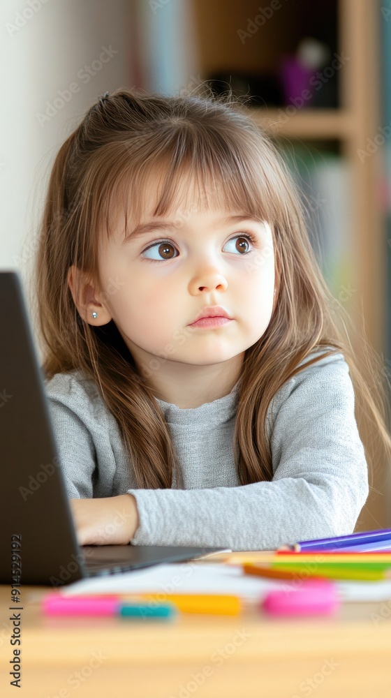 A young girl studies using a laptop, writing in her notebook, surrounded by vibrant markers, fully focused on her online class A young girl studies using a laptop, writing in her notebook, surrounded by vibrant markers, fully focused on her online class