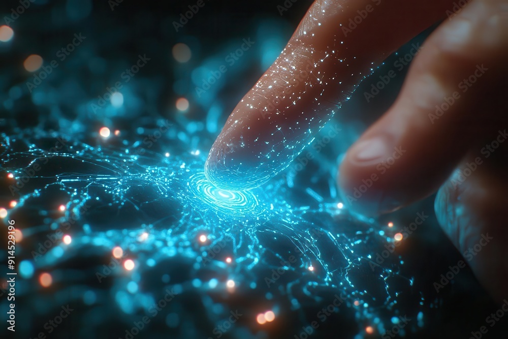 futuristic closeup of a human fingertip touching an ethereal spark of blue electrical energy with glowing circuit patterns radiating outward symbolizing technological connection futuristic closeup of a human fingertip touching an ethereal spark of blue electrical energy with glowing circuit patterns radiating outward symbolizing technological connection