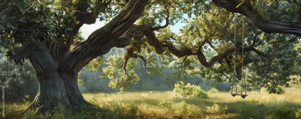 Ancient oak tree with a rope swing hanging from its branches, 4K hyperrealistic photo