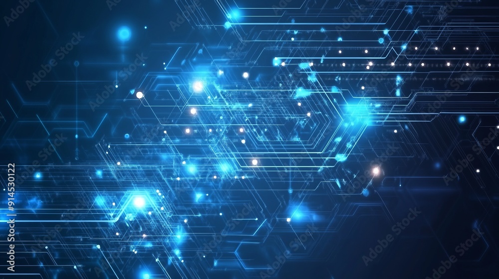 Complex blue technological circuitry with glowing lights Complex blue technological circuitry with glowing lights