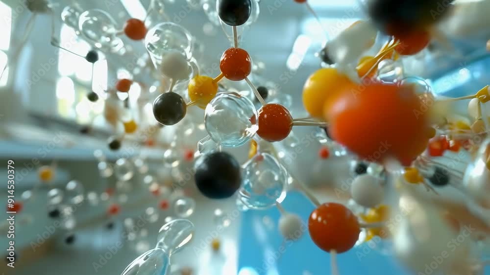 A close-up shot of a model of molecules, highlighting various colorful atoms connected by transparent bonds. The background is blurred, hinting at a bright, spacious laboratory environment. The light A close-up shot of a model of molecules, highlighting various colorful atoms connected by transparent bonds. The background is blurred, hinting at a bright, spacious laboratory environment. The light