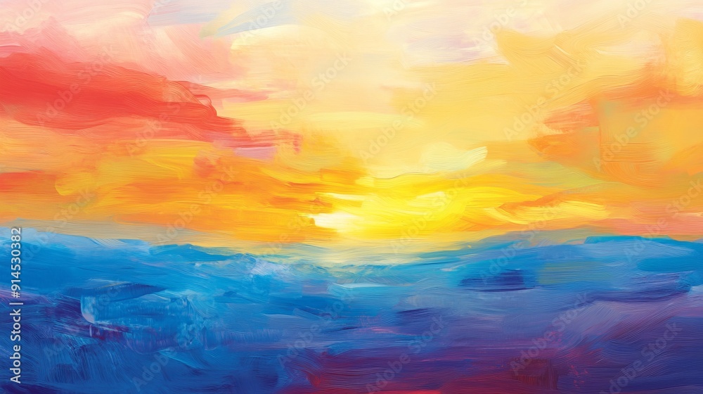 Abstract painting of sunset over ocean with bold brush