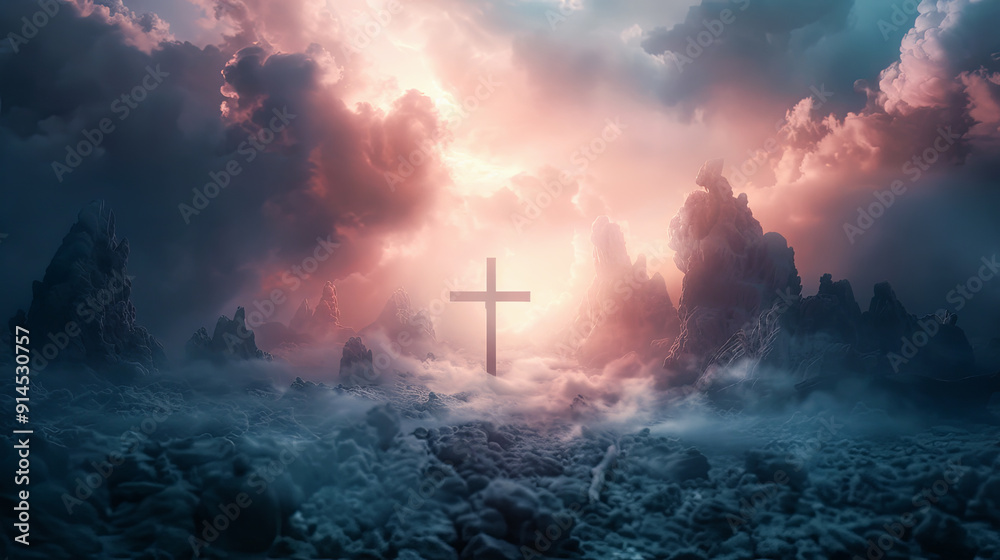 Christian cross silhouette on dramatic sky with clouds background Resurrection hope faith Jesus Christ God religion heaven spiritual