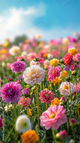 A picturesque field filled with vivid multicolored blooming flowers against a backdrop of a clear blue sky  symbolizing the beauty and vibrancy of nature in full bloom.
