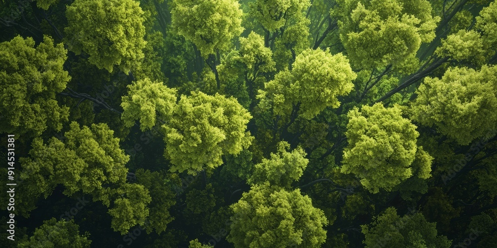 Naklejka premium Serene Forest Canopy with Dense Tree Tops, Symbolizing Nature's Bounty and Tranquility Generative AI