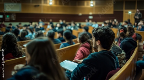 Audience sitting in lecture hall with open notebooks.