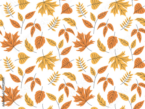 Autumn falling leaves seamless pattern. Cute Autumnal forest park fall yellow leaf . Template for wallpaper, packaging, cover, textile print. Cozy autumn Background. Vector illustration