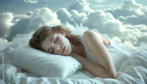 Woman Sleeping Peacefully on Clouds in Dreamlike Setting photo