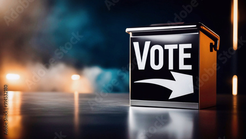 Ballot box with bright inscription VOTE on dark background, backlight. Importance of participation in democratic process. Elections, political campaigns, civic, social responsibility. Copy space