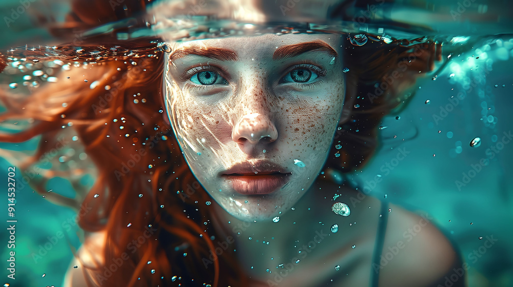 Underwater Portrait of Red-Haired Woman with Freckles Underwater Portrait of Red-Haired Woman with Freckles