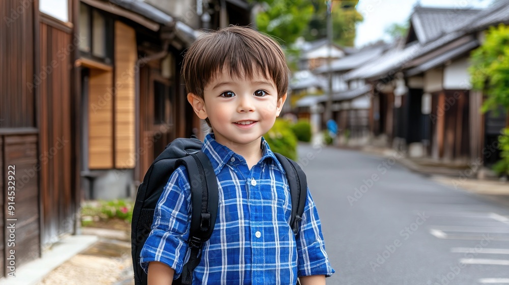 A young boy in a blue plaid shirt and black backpack smiles happily while standing on an urban street lined with traditional houses A young boy in a blue plaid shirt and black backpack smiles happily while standing on an urban street lined with traditional houses