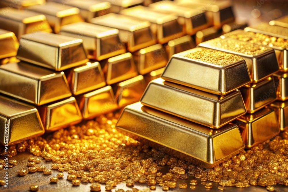 A pile of gold bars with one of them being a gold coin A pile of gold bars with one of them being a gold coin