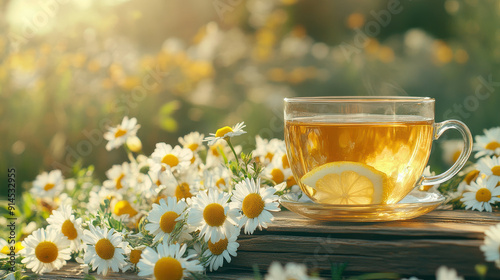 A delightfully refreshing glass of chamomile tea with a lemon slice, set amidst blooming chamomile flowers, evoking a sense of calm and natural wellness.