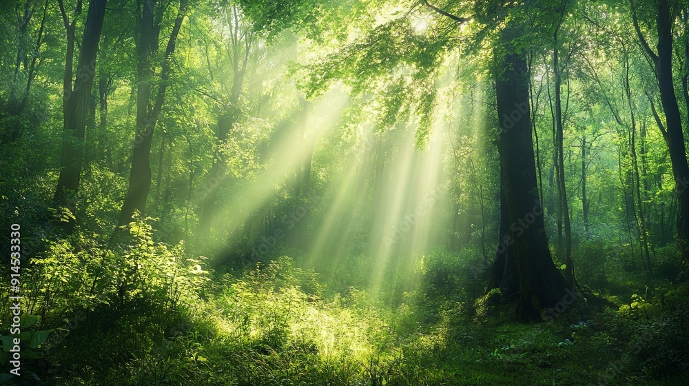 Obraz premium Sunlight filtering through a dense green forest