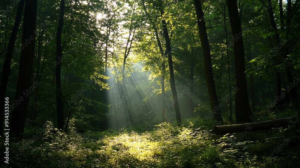 Obraz premium Beams of light breaking through forest canopy