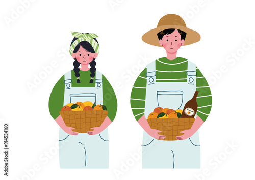 みかんだ入ったバスケットを抱えた男女のイラストセット