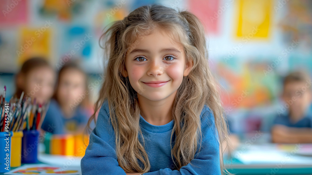 Smiling Caucasian girl with long wavy hair in pigtails sitting in an art classroom, surrounded by colorful artwork and paintbrushes, with other children blurred in the background. The atmosphere is cr