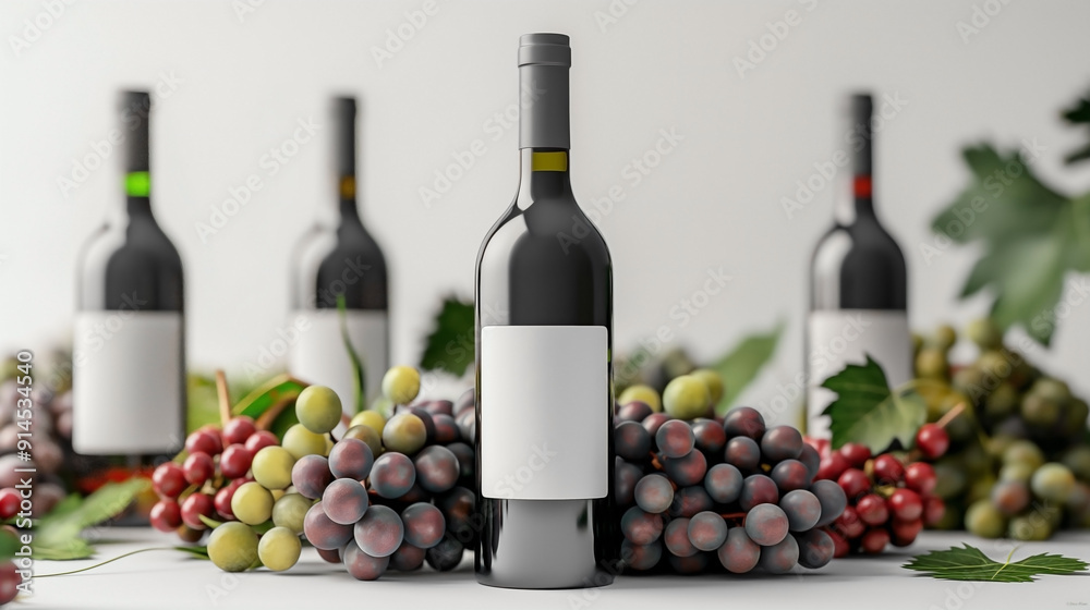 Obraz premium Wine bottles with blank white labels, isolated on a white background. Surround the bottles with a variety of fresh grapes