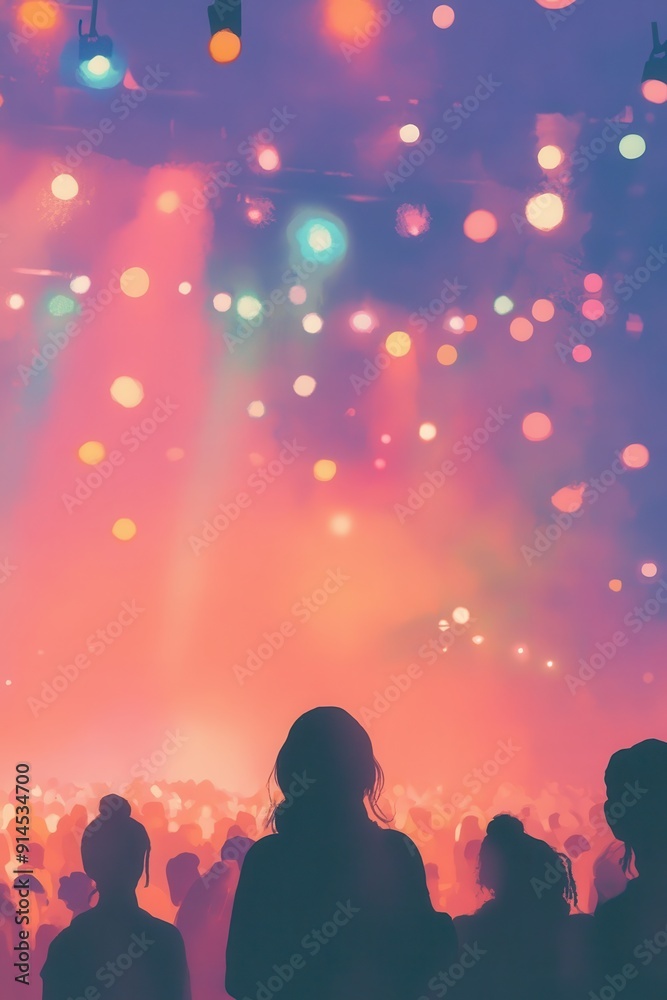 Vibrant Nightlife Scene with Colorful Lights and Silhouetted Crowd at Concert Vibrant Nightlife Scene with Colorful Lights and Silhouetted Crowd at Concert