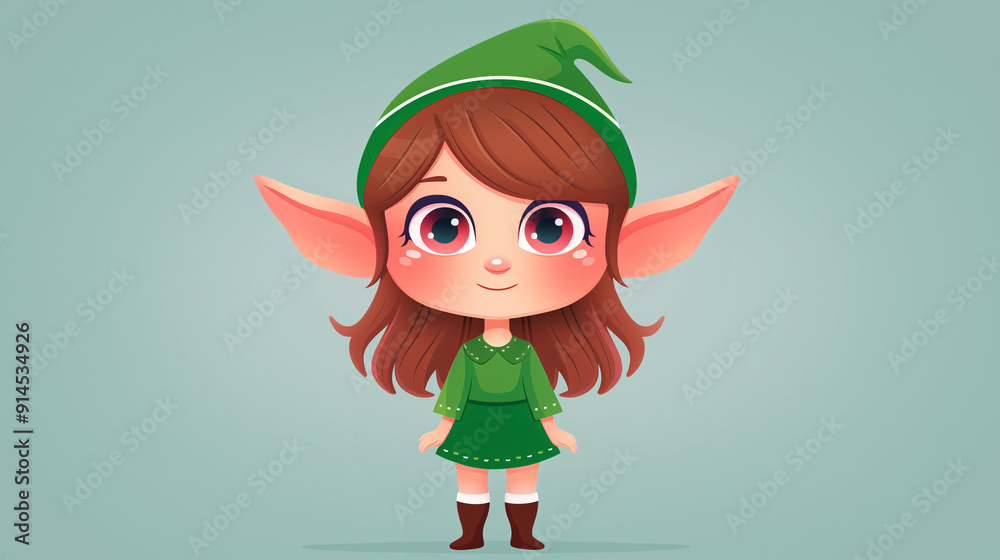 Elf character in a cute green costume with big ears and expressive eyes ...