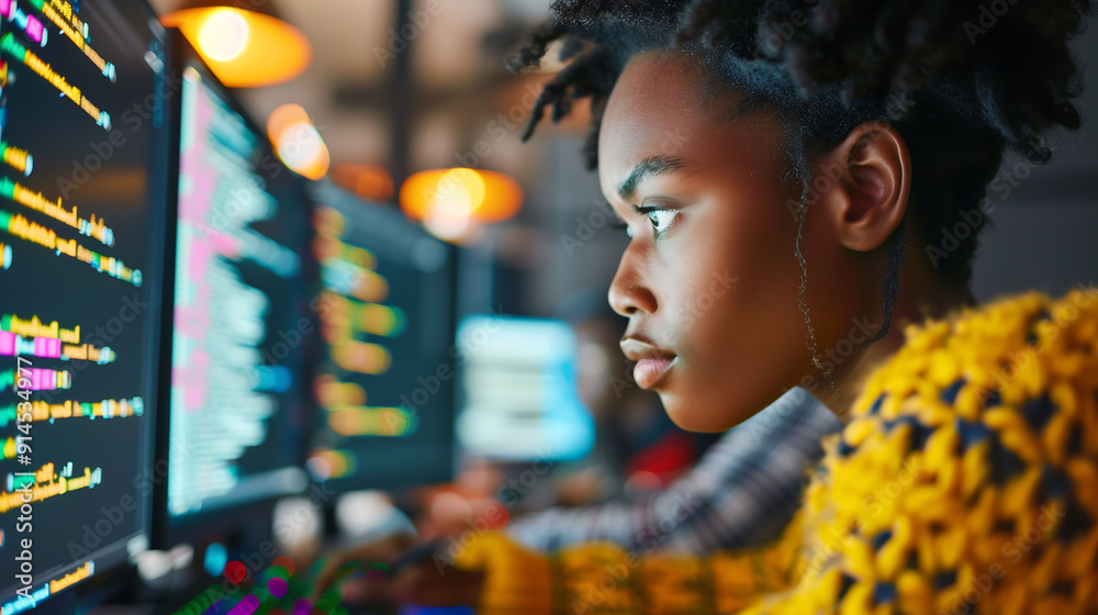 Focused woman programming at her computer Focused woman programming at her computer