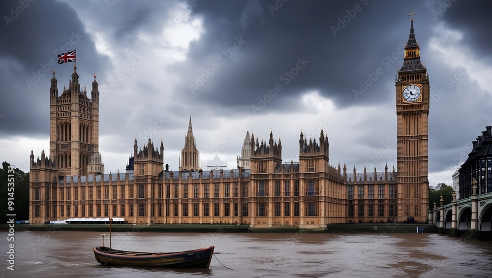 Obraz premium Landscape photograph of the Palace of Westminster, a Gothic-style building located in London, England. The image prominently features the iconic Big Ben clock tower on the right, with its large clock