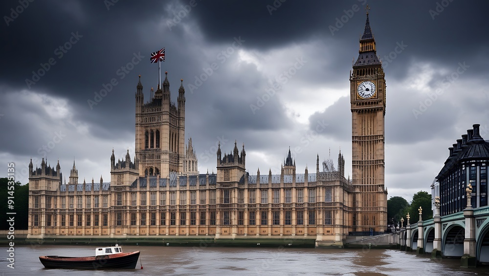 Fototapeta premium Landscape photograph of the Palace of Westminster, a Gothic-style building located in London, England. The image prominently features the iconic Big Ben clock tower on the right, with its large clock 