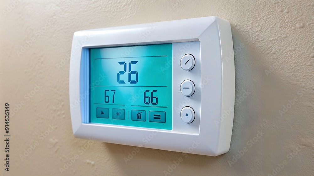 Smart Climate Control. A digital thermostat mounted on a wall, displaying temperature settings and controls for heating and cooling systems. Smart Climate Control. A digital thermostat mounted on a wall, displaying temperature settings and controls for heating and cooling systems.