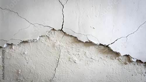 A close-up of a cracked white wall, revealing intricate patterns of decay and aging. plaster collapsed