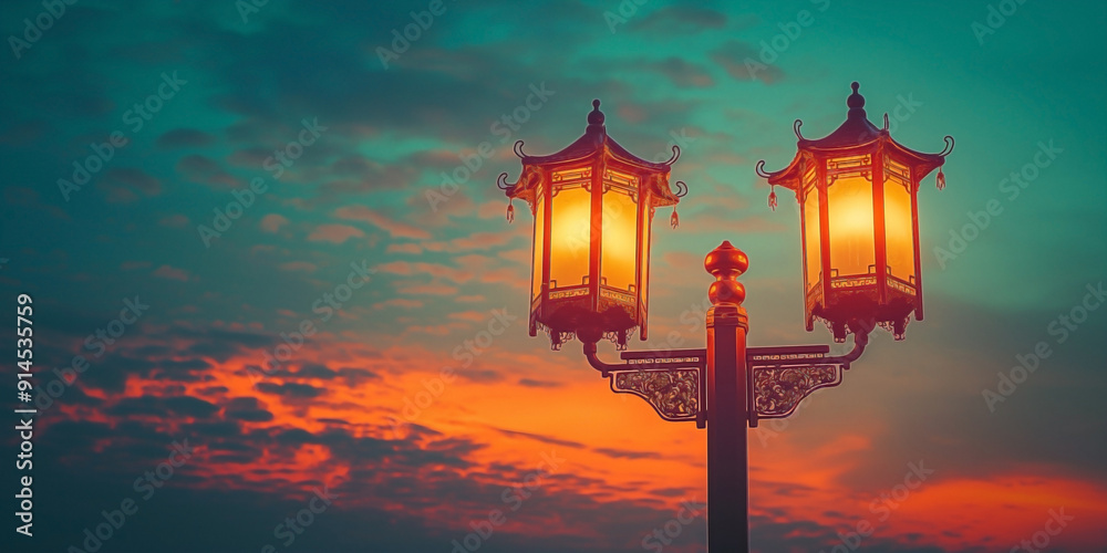 an old Asian double street lamp in the evening an old Asian double street lamp in the evening