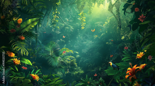 tropical jungle background illustration filled with lush green foliage photo