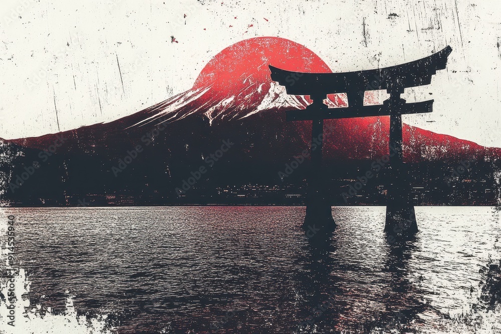 Vintage Japanese Torii Gate Silhouette with Mount Fuji and Red Sun ...